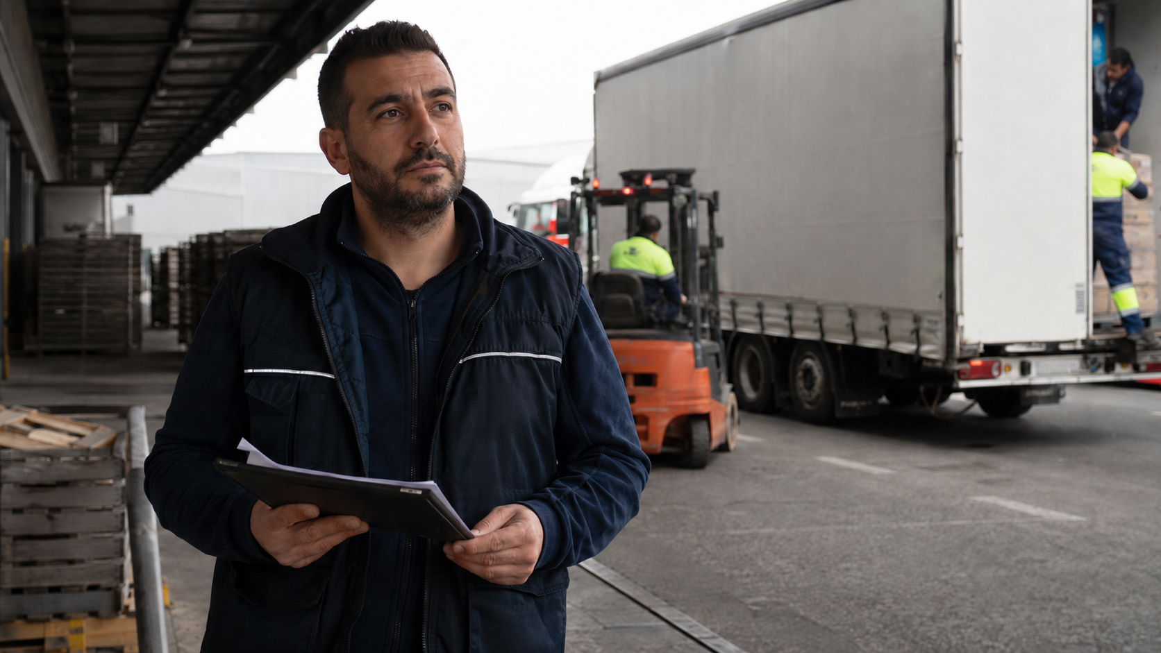 Operador logístico coordinando documentos DeCA de transportes subcontratados
